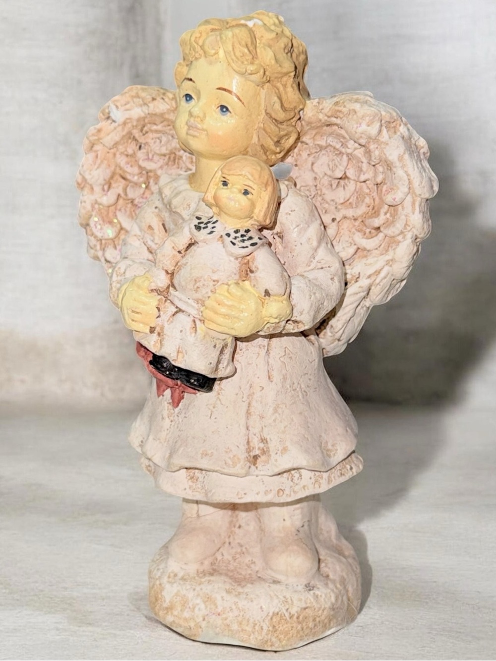 Cherub Angel Figurine Holding Doll - Pale Pink & Cream